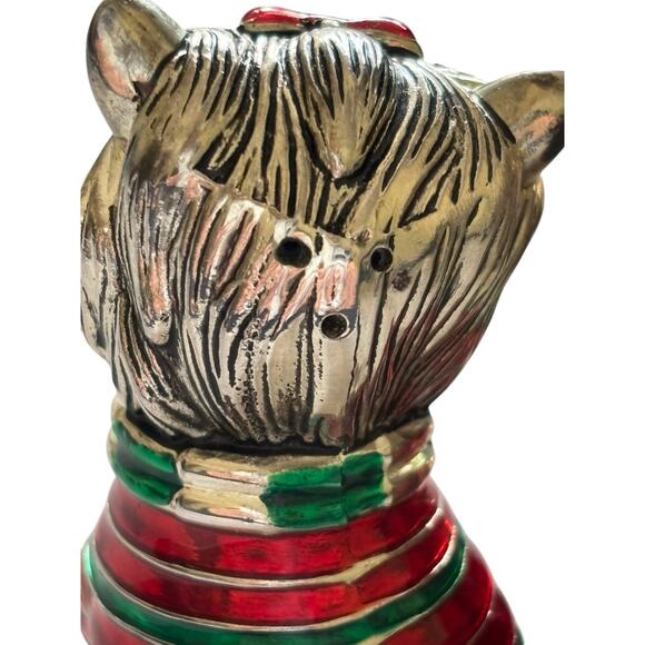 Yorkie Dogs Silver Metal Salt Pepper Shakers Green Red Enamel Sweaters Yorkshire - Picture 8 of 10